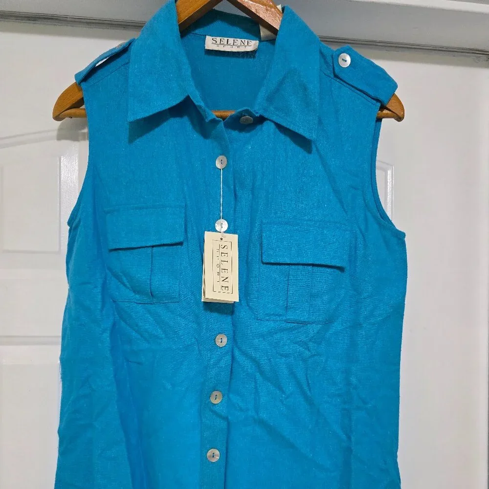 Shirt Women's Turquoise Sleeveless Silk Button Collar Selene Sport Med 1990s NWT - Picture 1 of 11